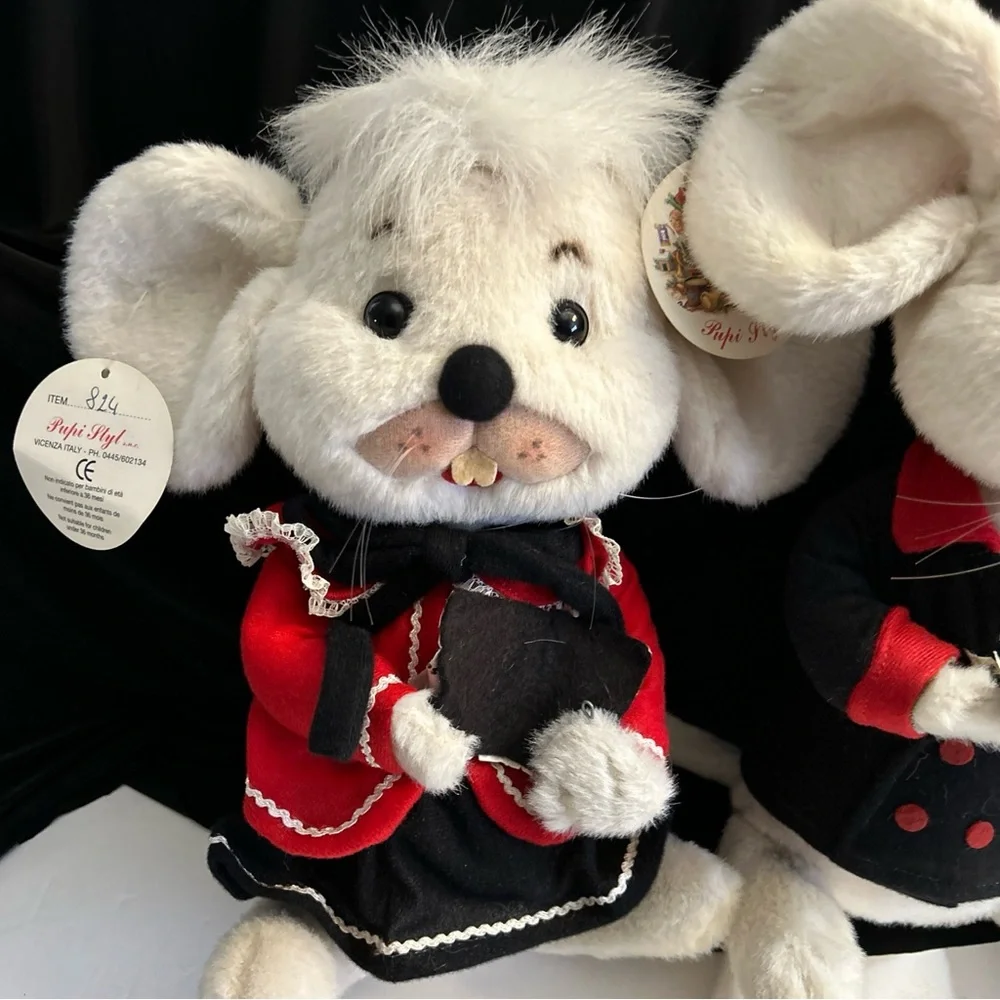 Plush White Mouse Pair in Red & Black Outfits - Soft Small Pet Plush Toys